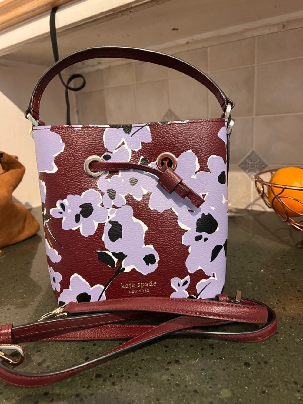 kate spade Burgundy Floral Drawstring Crossbody Bag